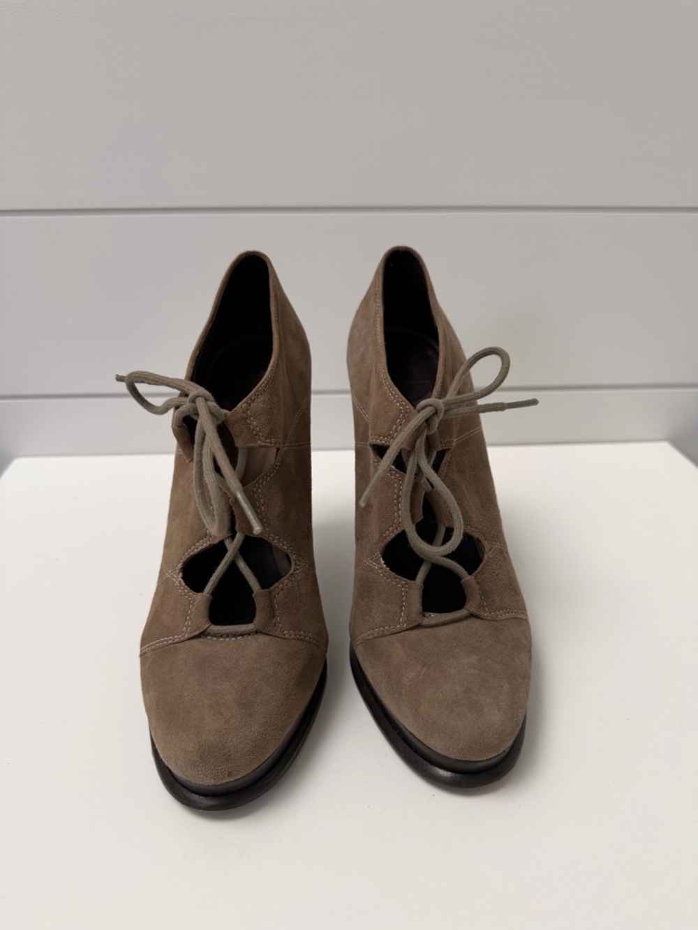 Diane Van Furstenberg Lace Up Stiletto Heel Taupe Suede